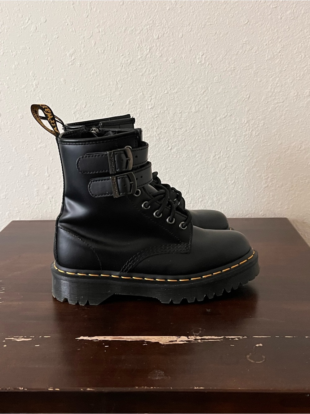 Dr. Martens Black Leather Lace-Up Combat Boots with Double Straps - Picture 4 of 6